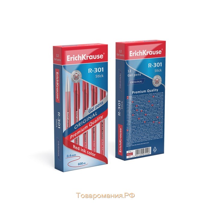 Ручка гелевая ErichKrause R-301 Original Gel, узел 0.5 мм, чернила красные, длина линии письма 600 метров