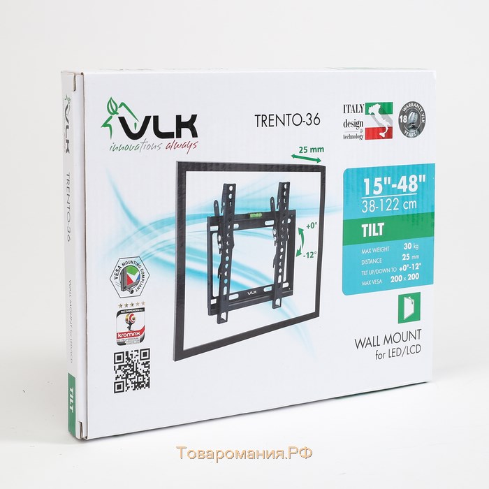 Кронштейн VLK TRENTO-36, для ТВ, наклонный, 15-48", 28 мм от стены, черный