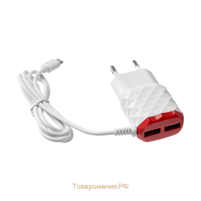 Сетевое зарядное устройство LCC-25, 2 USB, 1 А, кабель microUSB, красно-белое