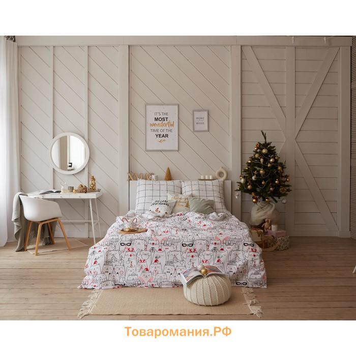 Постельное белье новогоднее  Евро Xmas cat 200*217 см, 240*220 см, 70*70 см - 2 штуки