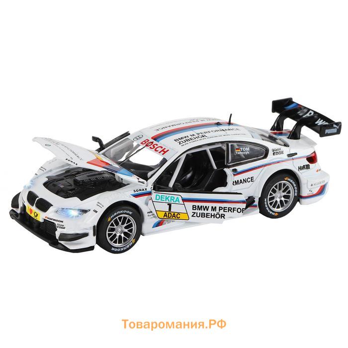 Машина металлическая BMW M3 DTM 1:32, инерция, световые и звуковые эффекты, открываются двери, цвет белый