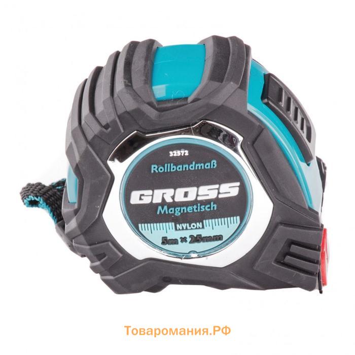 Рулетка Gross Magnetisch 32572, обрезиненный корпус, автостоп, нейлон, 5 м х 25 мм