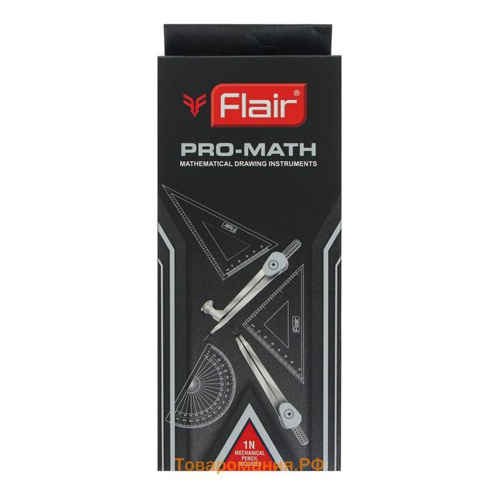 Готовальня FLAIR PRO-MATH 10 предметов (линейка-15см, 2 угольника, транспортир, точилка, ластик, 2 циркуля, карандаш, автоматический карандаш), в металлическом футляре, картонной коробке с европодвесом