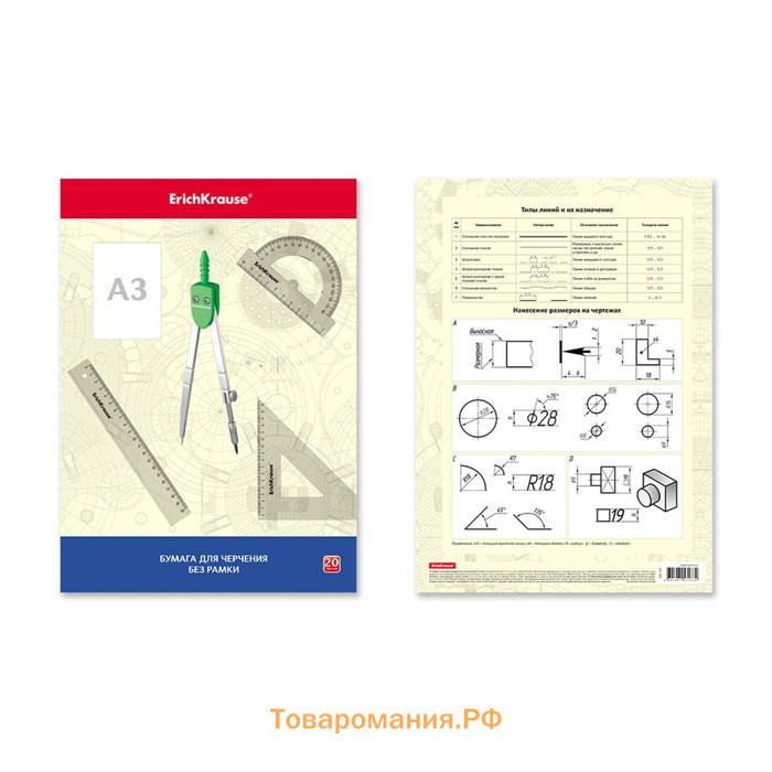 Бумага для черчения А3, 20 листов, блок 200 г/м², ErichKrause, без рамки, в папке