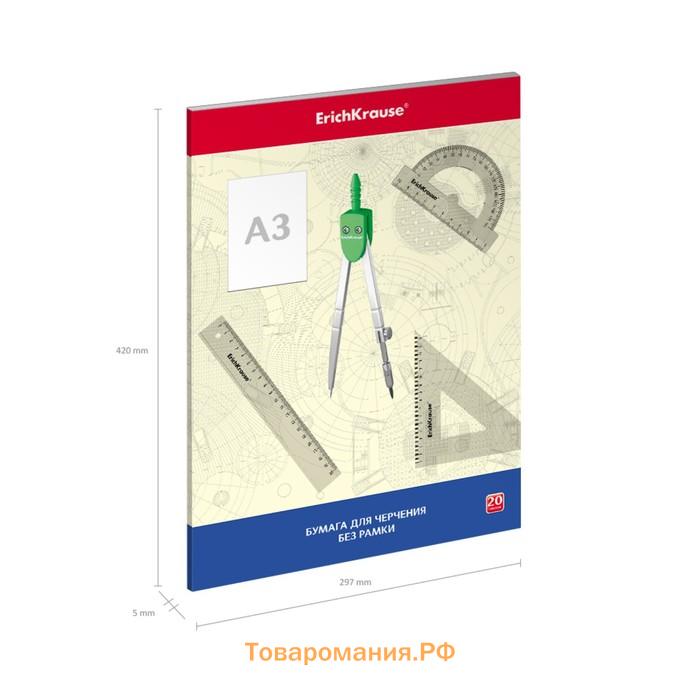 Бумага для черчения А3, 20 листов, блок 200 г/м², ErichKrause, без рамки, в папке