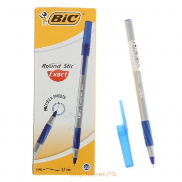 Ручка шариковая BIC Round Stic Exact, узел 0.7 мм, тонкое письмо, резиновый упор, чернила синие, одноразовая, серый корпус