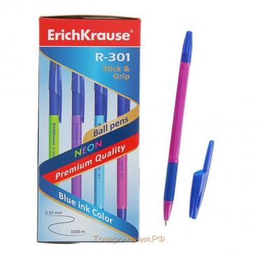 Ручка шариковая ErichKrause R-301 Neon Stick & Grip, узел 0.7 мм, чернила синие, резиновый держатель, длина линии письма 2000 метров, МИКС (цена за 1 штуку)