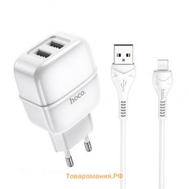 Сетевое зарядное устройство Hoco C77A, 2хUSB, 2.4 А, кабель Lightning, 1 м, белое