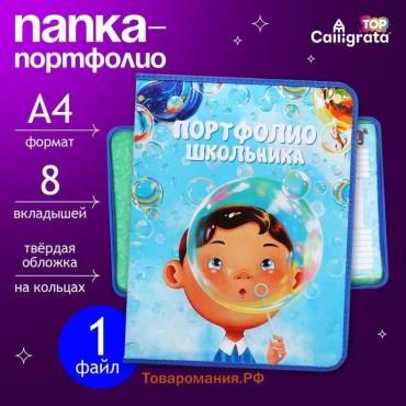 Папка-портфолио А4 "Мечтать", Calligrata TOP, твердая обложка, на кольцах, молния вокруг, для школьника, 1 файл, 8 вкладышей